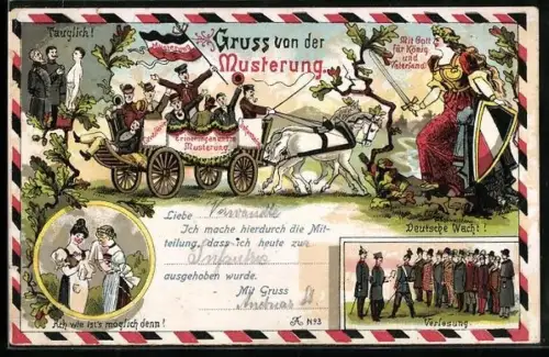 AK Gruss von der Musterung, Männer mit Reichsfahne in einer Kutsche, Germania mit Schwert und Wappen
