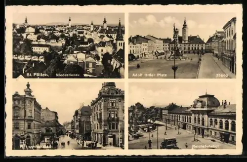 AK St. Pölten, Ortsansicht, Rathausplatz, Kremserstrasse und Hauptbahnhof