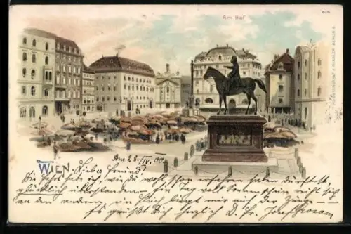 Lithographie Wien, Am Hof, Platz mit Markt und Reiterstandbild