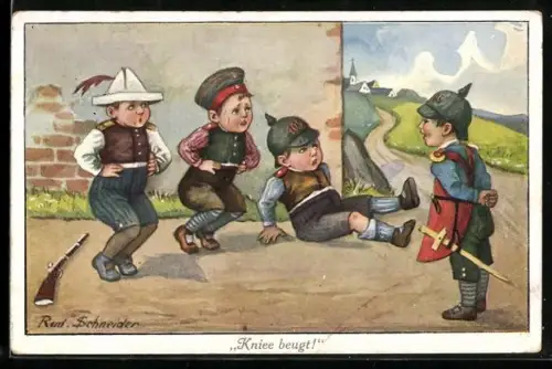 Künstler-AK Rudolf Schneider: Knie beugt!, Kinder spielen Soldaten