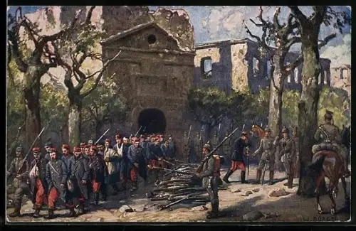 Künstler-AK W. Bürger: Longwy, Gefangenahme der Besatzung: 26. August 1914 durch die Armee des Kronprinz Wilhelm