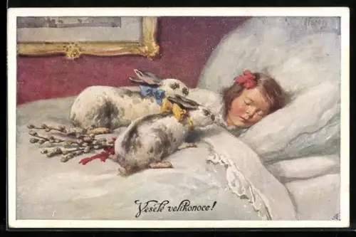 Künstler-AK Karl Feiertag: Herzliche Ostergrüsse! Mädchen mit Kaninchen