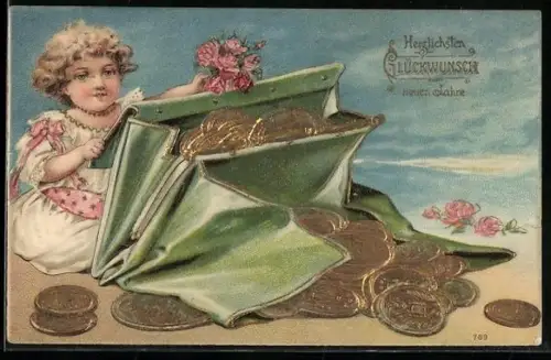 AK Neujahrsgruss, Kind mit riesiger Geldbörse