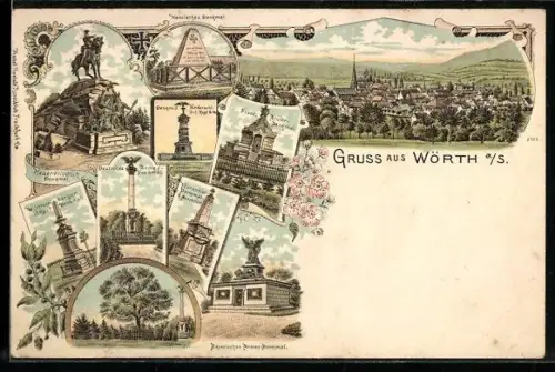 Lithographie Wörth, Deutsches Armee-Denkmal, Wüttemberger Jägerdenkmal, Kaiser-Friedrich-Denkmal