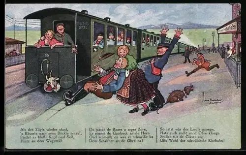 Künstler-AK Hans Boettcher: Friedrichshafen, Auf de schwäbische Eisebahne! Schaffner am Bahnhof