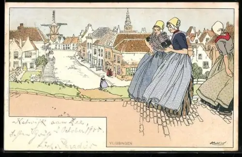 Künstler-AK Henri Cassiers: Vlissingen, Niederländerinnen in Volkstracht, Windmühle mit Ortsansicht