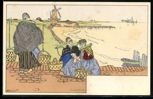 Künstler-AK Henri Cassiers: Vlissingen, Frauen mit Körben am Strand, Windmühle