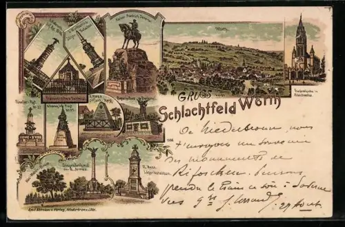 Lithographie Wörth, Mac-Mahon-Baum mit Siegesdenkmal der III. Armee, Füselier-Rgt. No. 37 Denkmal