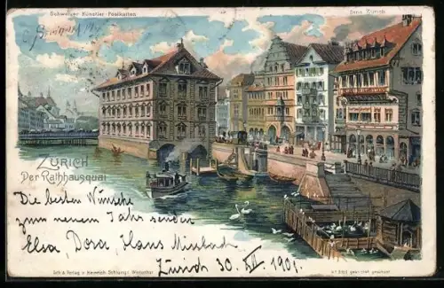 Künstler-Lithographie C. Steinmann: Zürich, Dampfer passiert das Rathausquai