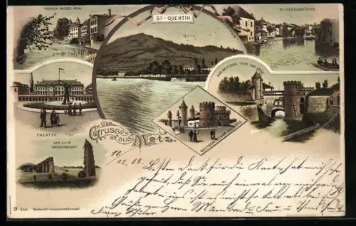Lithographie Metz, St-Quentin, Todter Moselarm, Theater, St. Georgenbrücke