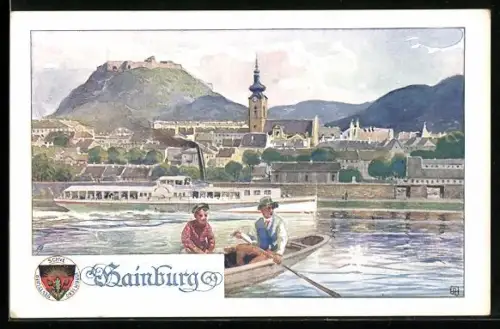 Künstler-AK Hainburg a. d. D., Blick auf den Ort, Deutscher Schulverein