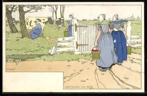 Künstler-AK H. Cassiers: Bäuerinnen holen die Milch ab