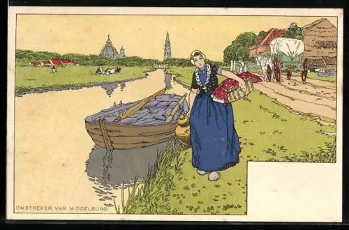 Künstler-AK Middelburg, Omstreken, Holländerin in Tracht am Fluss