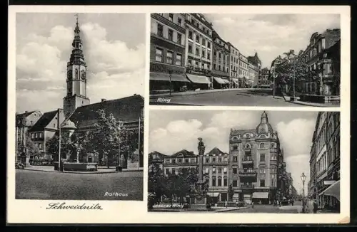 AK Schweidnitz, Rathaus, Strasse Ring, Strasse Innerer Ring mit Denkmal