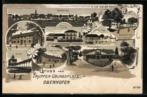 Lithographie Oberhofen, Truppenübungsplatz mit Bahnhof, Offiziers-Casino, Pavillon und Lager-Kantine