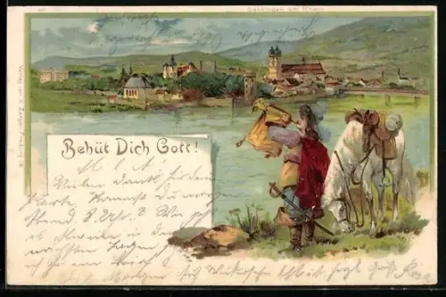 Lithographie Säkkingen am Rhein, Trompeter steht mit seinem Pferd am Flussufer, Behüt Dich Gott!