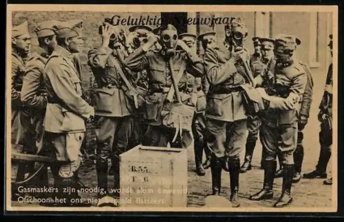 AK Niederländische Soldaten in Uniform mit Gasmasken