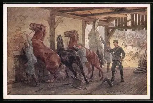 AK Nr. 429: Rotes Kreuz, Beschlagmeister Peter Hodbod rettet die Pferde trotz feindlichem Artilleriebeschuss