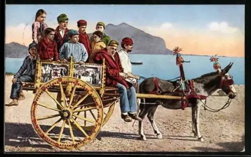 AK Italienische Familie mit Eselgespann am Meer