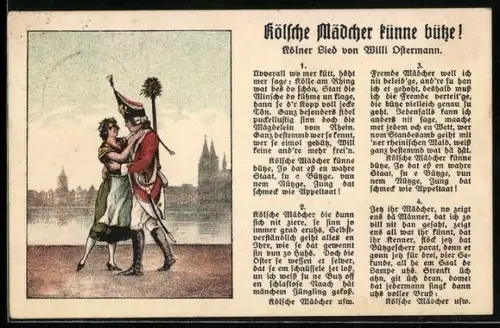 AK Köln, Kölner Mädchen küsst einen Stadtsoldaten, Kölsche Mädcher künne bütze! Liedtext von W. Ostermann