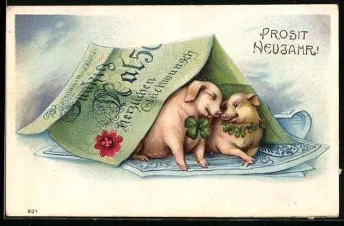 AK Glücksschweine liegen in einem Liebesnest aus Geldscheinen, Neujahr