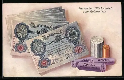 AK Geldscheine und gerollte Münzen, Geburtstagsgruss