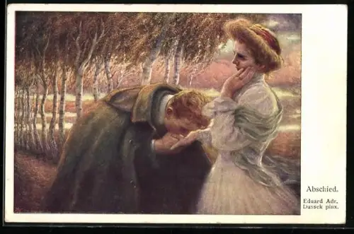 Künstler-AK Ed.Adrian Dussek: Abschiedskuss, Handkuss, Dame ist verlegen