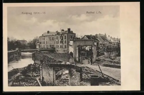 AK Rethel, Ortspartie mit zerschossenen Häusern