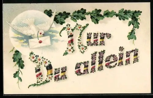 Glitzer-Perl-AK Nur Du allein Schriftzug aus Blumen, weisse Taube bringt Brief