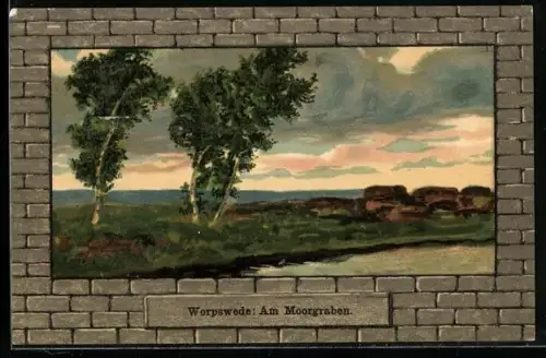 Künstler-Lithographie Worpsweder Künstlerkolonie: Bäume am Moorgraben