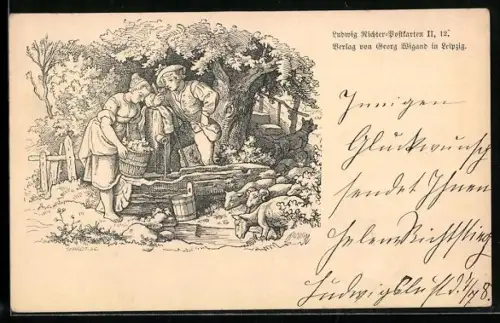 Künstler-AK Ludwig Richter: Schäfer tränkt seine Herde am Brunnen und sucht das Gespräch mit einer jungen Bäuerin