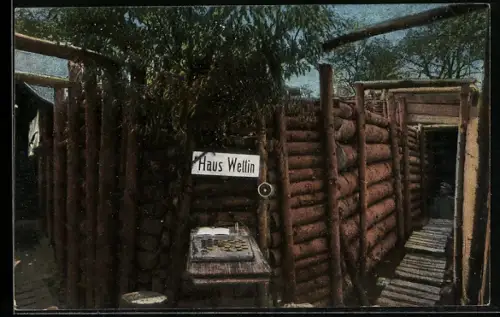 AK Vogesen, Granatsicherer Unterstand aus schweren Stämmen mit doppeltem Eingang, Kriegsbilder aus den Vogesen