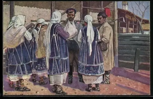 Künstler-AK Verwundeter bulgarischer Soldat erzählt Frauen in Tracht seine Kriegsgeschichte