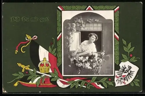 AK Junge Frau am Fenster kümmert sich um ihre Blumen, Bist Du mir gut? Eichenlaub, Flagge und Wappen