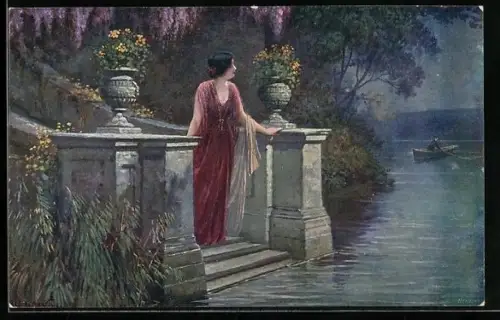 Künstler-AK Adolf Liebscher: Der sehnsuchtsvoll Erwartete, Frau erblickt ihren Geliebten