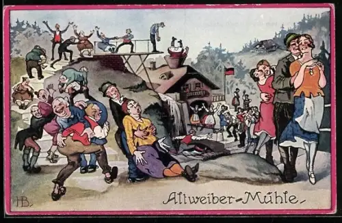 Künstler-AK Hans Boettcher: Männer bringen ihre alten Frauen zur Altweiber-Mühle