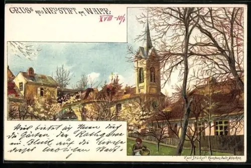 Lithographie Wien-Neustift am Walde, Ortspartie an der Kirche