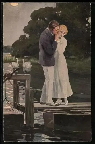 Künstler-AK R.Borrmeister: Geständnis, Liebespaar auf dem Steg bei Nacht