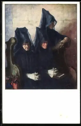 Künstler-AK Frauen in der Kirche, hessische Tracht, K. Mons