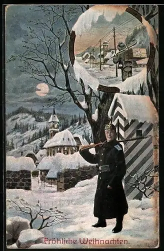 AK Soldat am Wachhäuschen im Winter bei Mondschein, Weihnachtsgruss