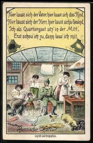 AK Soldat und russische Familie werden von Läusen geplagt