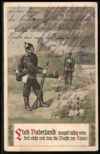 AK Wachsoldaten am Rhein betrachten Zeppelin im Flug, Propaganda 1. Weltkrieg