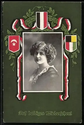 AK Auf baldiges Wiedersehen, Wappen der Türkei, Deutschland und Österreich-Ungarn, junge Patriotin