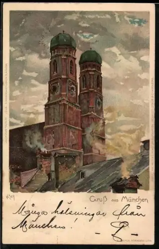 Künstler-Lithographie Heinrich Kley: München, Fassade der Frauenkirche