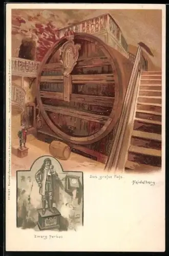 Künstler-AK Carl Münch: Heidelberg, das grosse Fass, Zwerg Perkeo