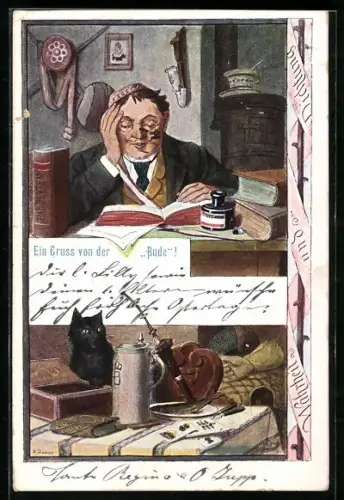 AK Student brütet über seinen Büchern und studentische Utensilien, wie Pfeife, Bierkrug, Federhandschuh