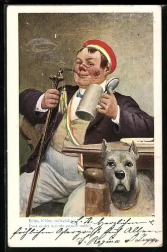 AK studentische Szene, Burschenschaftler mit Bierkrug und Hund