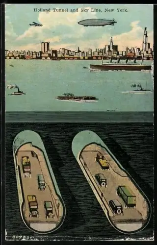 AK New York, NY, Holland Tunnel and Sky Line, Zeppelin über der Stadt
