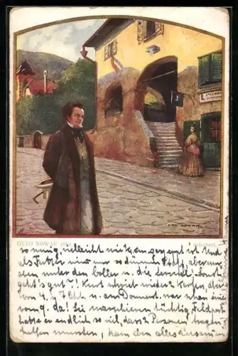 AK Franz Schubert bei einem Spaziergang durch eine Ortschaft