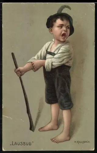 Künstler-AK Hermann Kaulbach: Lausbub, Knabe mit Stock in Lederhosen